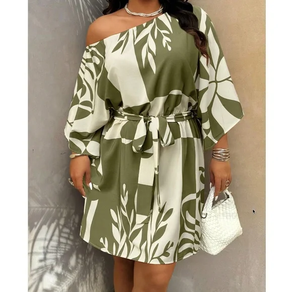 Plus Tropical Print One Shoulder Belted Batwing Sleeve Dress - Picture 8 of 9